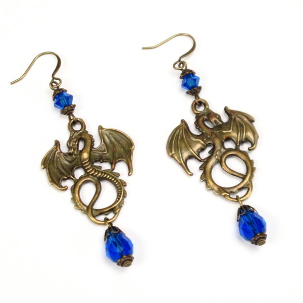 Dragon earrings, dragon jewelry, blue crystal earrings, Medieval earrings, Renaissance jewelry, Pendragon jewelry, sapphire blue earring,RS