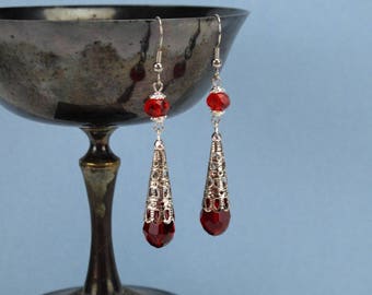 Elina ruby red crystal drop Renaissance earrings in antique silver, Renaissance jewelry, Tudor, Victorian, red filigree earrings, RTS