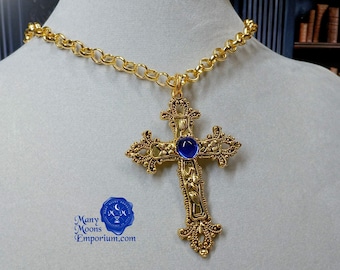 Large cross, chain necklace, sapphire blue, gold silver bronze, cosplay, Elizabethan men, Medieval, Renaissance, Tudor, MTO Carrington