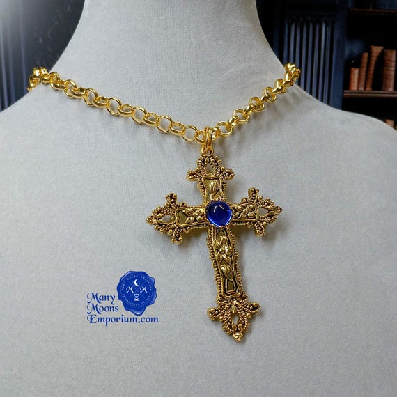Large Cross, Chain Necklace, Sapphire Blue, Gold Silver Bronze