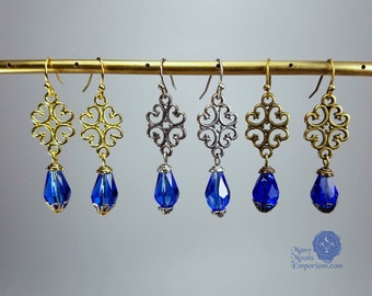 Daniella blue crystal earrings, choose gold, antique silver or antique bronze, Renaissance jewelry, Tudor jewelry, Victorian, Regency, RTS