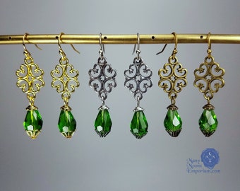 Daniella green crystal earrings, choose gold, antique silver or antique bronze, Renaissance jewelry, Tudor jewelry, Victorian, Regency, RTS