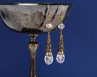 Elina clear crystal Renaissance earrings w/antique bronze filigree, teardrop earrings, Renaissance jewelry, Tudor, Elizabethan,Victorian,RTS