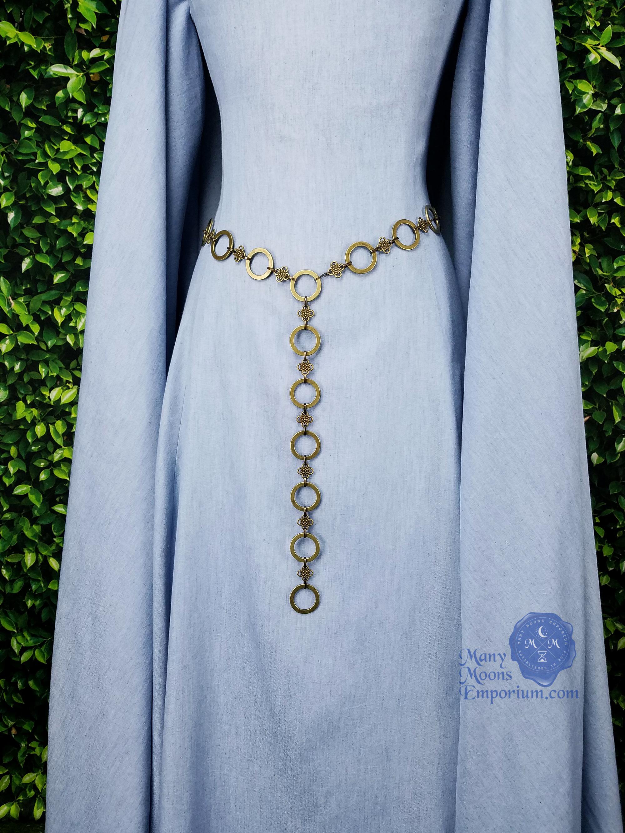 Vintage Adjustable Faux Leather Chain Belt, Medieval Thin Belt for Dresses Medieval Chain Belt, Ring Belt, Brass Chain Belt  main image 2