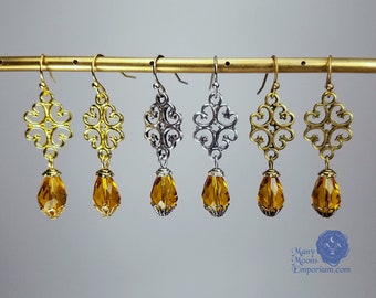 Topaz crystal earrings, golden crystal, teardrop crystal, filigree earrings, Renaissance, Tudor jewelry, Victorian, Regency, MTO Daniella