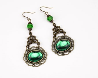 Green gem earrings, emerald green chandelier earrings, bronze and crystal, oval drop, Baroque jewelry, Tudor, Renaissance, Questa, MTO