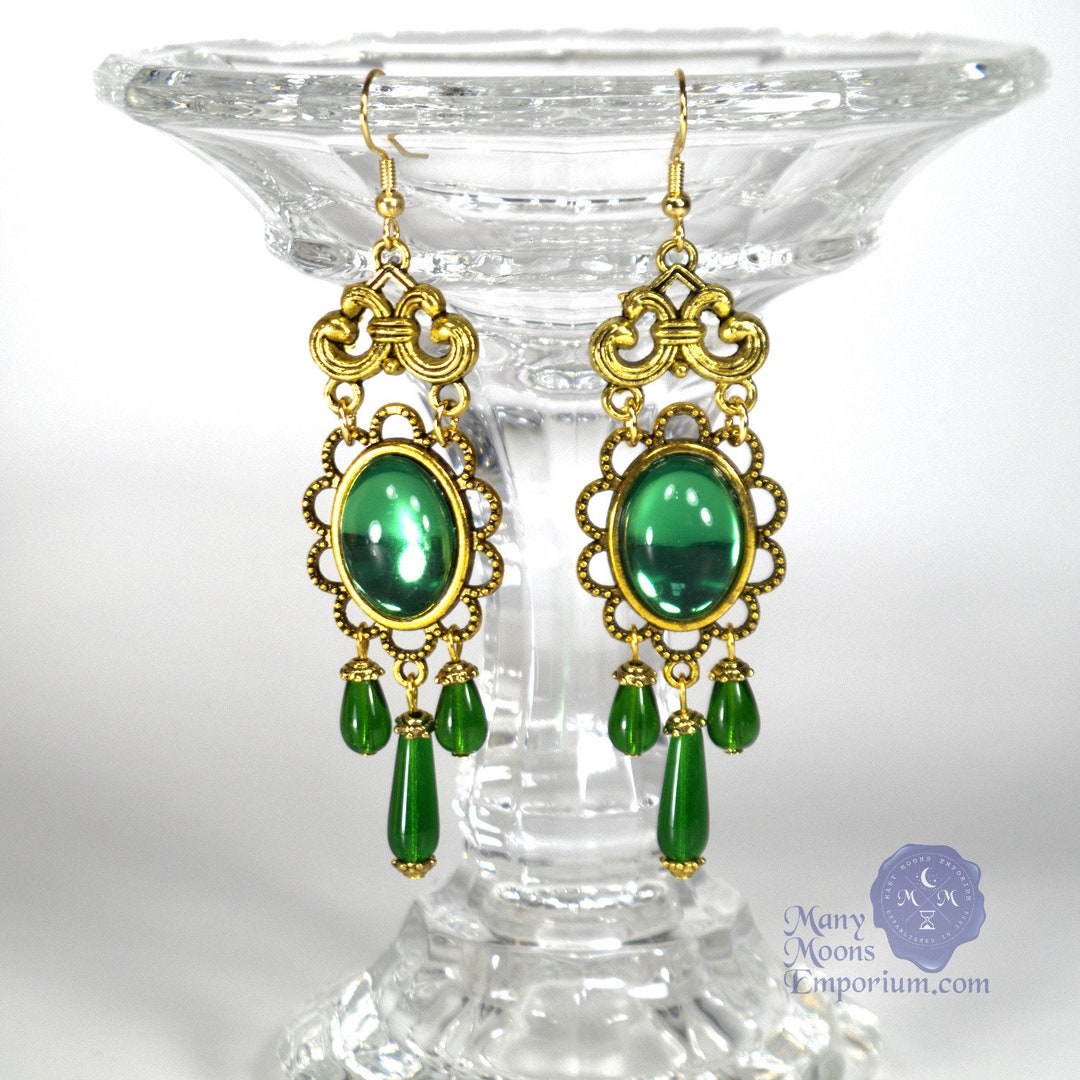 Emerald Green and Gold Earrings Costume Earrings Green Etsy