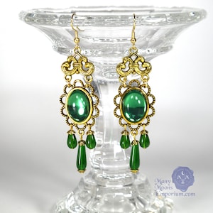 Emerald green and gold earrings, costume earrings, green chandelier, Baroque Jewelry, Edwardian, Renaissance, Gothic, Rococo, MTO Xanthe