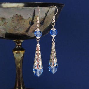 Elina light sapphire drop crystal earrings in silver, Renaissance jewelry, Tudor, Elizabethan, Victorian, light blue filigree earrings, RTS