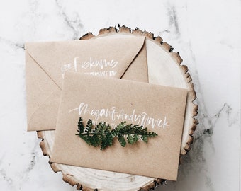 KRAFT ENVELOPE ADDRESSING | Hand Lettered Envelope, Christmas Holiday Card Envelopes, Calligraphy Wedding Rustic Envelopes Stationery