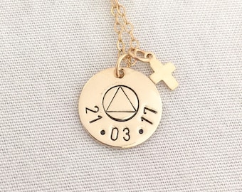 Personalized Sobriety Necklace, Sober Anniversary, Addiction Recovery Gift, AA Symbol Pendant, One Day At A Time, Recovery Gift, AA Necklace