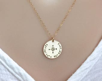 Compass Necklace in Gold and Silver, Coordinates Necklace, Long Distance Gift, Best Friends Gift, BFF Necklace, High School Graduation