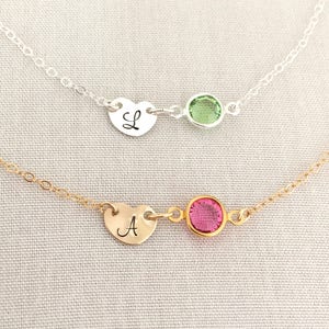 Personalised Initial and Birthstone Necklace, Heart Jewelry, Birthtday Gift, Sweet 16, Little Girl Gift, Gift for Her, Mini Heart, Mum Gift image 2