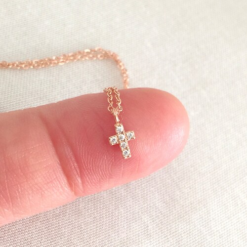 Tiny Rose Gold Cross CZ Necklace 