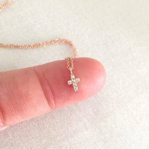 Tiny Rose Gold Cross CZ Necklace, Christening Gift, First Communion Necklace, Baptism Jewelry, Catholic Necklace, Rose Gold Cross, Dainty image 1