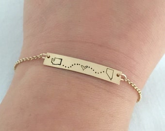 Personalised States Bracelet, Long Distance Jewelry, Farewell Gift, No Matter Where, LDR Jewelry, Friendship Bracelet, Rose Gold Bar