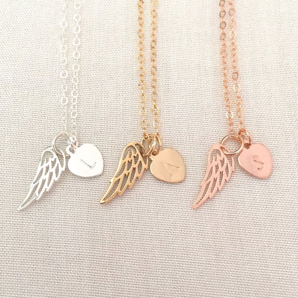 Rose Gold Angel Wing Necklace, Mother of An Angel, Infant Loss Necklace, Memorial Jewelry, Sterling Silver, Gold Fill Heart, Father Memorial