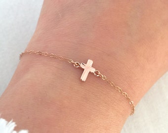 Dainty Rose Gold Cross Bracelet, Cross Jewelry, Baptism Gift for Baby, First Communion Gift, Sideways Cross Bracelet, Delicate Cross, Gold