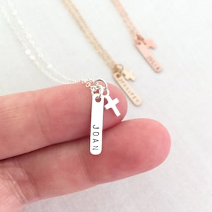 Custom Mini Bar Necklace, Cross Necklace, Baptism Necklace, Confirmation Gift, Rose Gold, Gold Cross, Gift from Godmother, Christening Gift
