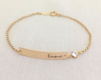 Baby Girl Bar Bracelet, Gold Bar with Crystal Bracelet, Baby Jewelry, Christening Gift, Bridesmaid Bracelet, Name Bracelet, Personalized Bar