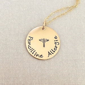 Personalized Medical ID Necklace, Type 1 Diabetic Necklace, Penicillin Allergy, Nut Allergy, Medical ID Jewelry, One Side ONLY