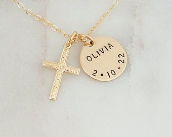 Gold Baby Cross Necklace, Baby Girl First Communion Gift, Baptism Jewelry, Baby Boy Christening Gift, Gift for Goddaughter, Religious Gift