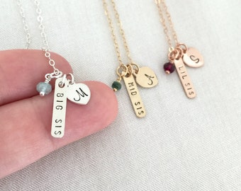 Personalized Sisters Necklace, Initial Necklace, Sister Jewelry, Big Sister, Little Sister, Gemstone Necklace, Gift for Sister, Bar Necklace