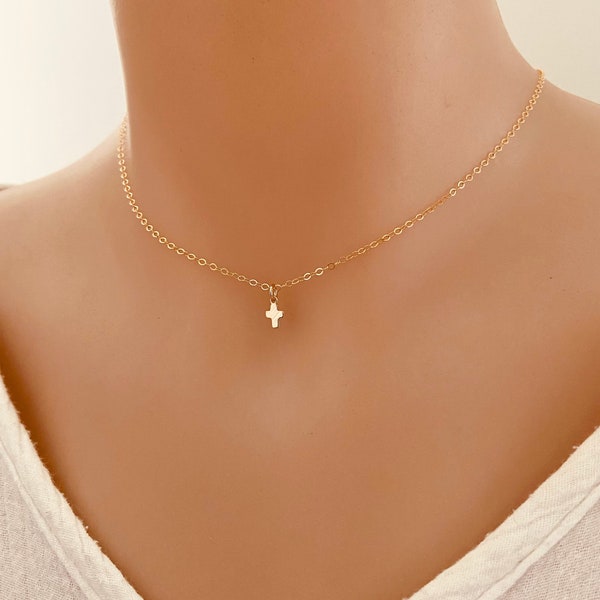 Gargantilla Collar De Cruz Diminuta En Oro De Plata U Oro Rosa, Joyería Dainty Cross, Regalo De Bautizo, Primera Comunión, Regalo De Bautismo, Regalo Para Ella