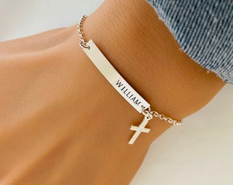 Custom Sterling Silver Cross Bracelet, Christening Jewelry, Baptism Gift for Teenager, First Communion, Women Cross Bracelet, Gift for Her