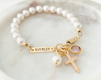 Pulsera personalizada con cruz y perla para bebé, joya de plata para primera comunión, regalo de bautizo, regalo para bebé niño, regalo para ahijado, regalo de madrina