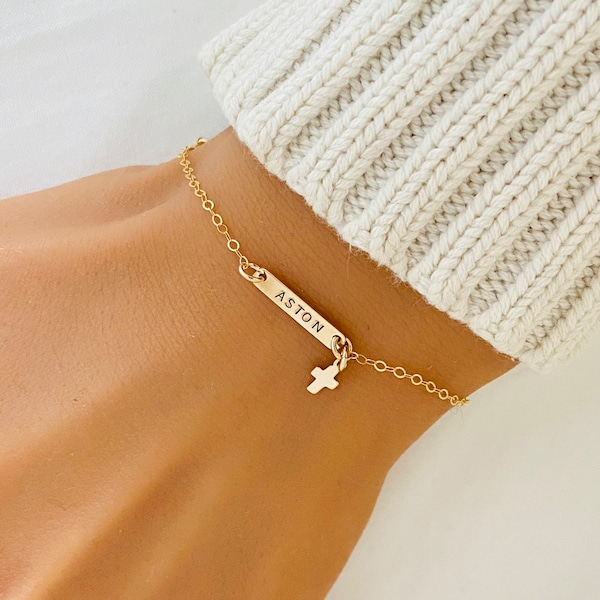 Custom Baby Christening Bracelet, Baptism Cross Bracelet, Bar Bracelet, Rose Gold Cross, Name Bracelet, Petite Cross, Little Girl Jewelry