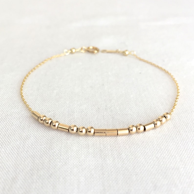 Morse Code Bracelet, Mother's Day, Friends Bracelet, Bridesmaid Gift, Sisters Gift, Delicate Chain, Sterling Silver, 14K Gold Filled image 1