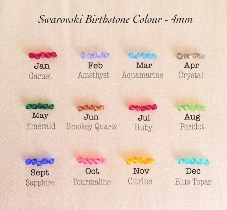 K&ouml;nnte beinhalten: Eine Farbkarte mit Swarovski-Geburtssteinen, jeweils 4 mm gro&szlig;. Die Edelsteine sind nach Monaten geordnet, mit Namen wie Granat, Amethyst und Saphir. Der Text "Swarovski Birthstone Colour - 4mm" steht oben.