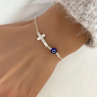 Bracciale Uomo Con Croce E Perle In Ossidiana Naturale 8 Mm, Elastico, Regalo Religioso Cristiano