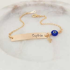 Pulsera para bebé, pulsera con cruz para bebé, joyería para el mal de ojo, regalo de bautismo, joyería de protección, joyería con lingote de oro, oro rosa, plata esterlina