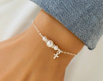 Dainty Cross Bracelet, Baptism Gift, Baby Christening Bracelet, First Communion Gift, Confirmation Gift, White Pearl Jewellery, Gift for Her