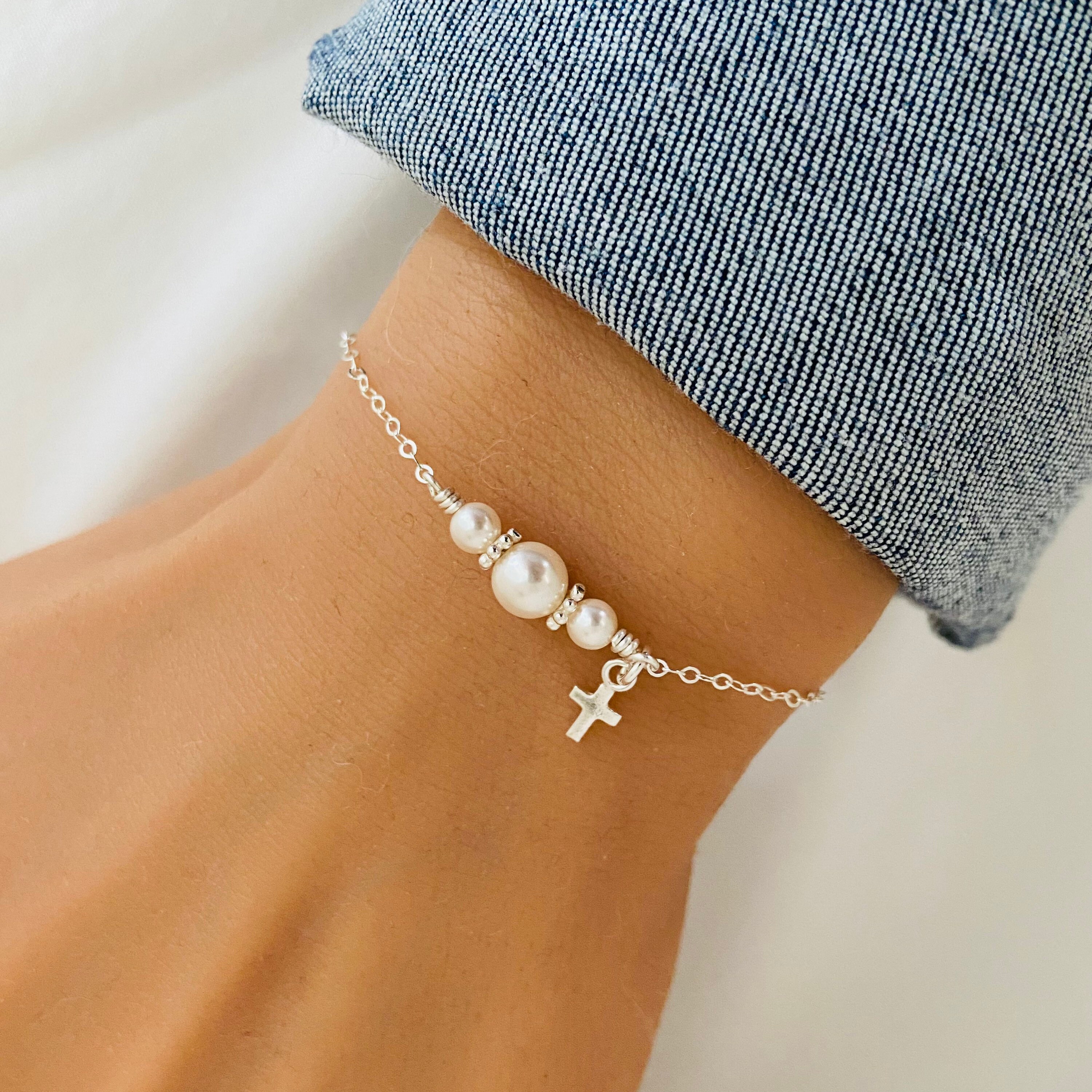 Dainty Cross Bracelet Baptism Gift Baby Christening Bracelet First Communion Gift Confirmation Gift White Pearl Jewellery Gift for Her Etsy