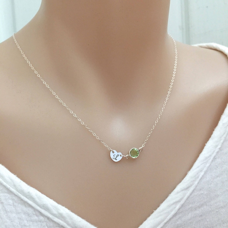 Personalised Initial and Birthstone Necklace, Heart Jewelry, Birthtday Gift, Sweet 16, Little Girl Gift, Gift for Her, Mini Heart, Mum Gift image 1