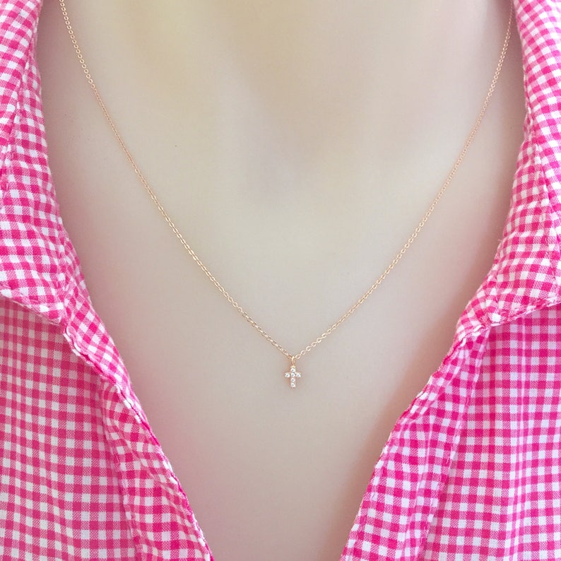 Tiny Rose Gold Cross CZ Necklace, Christening Gift, First Communion Necklace, Baptism Jewelry, Catholic Necklace, Rose Gold Cross, Dainty image 4