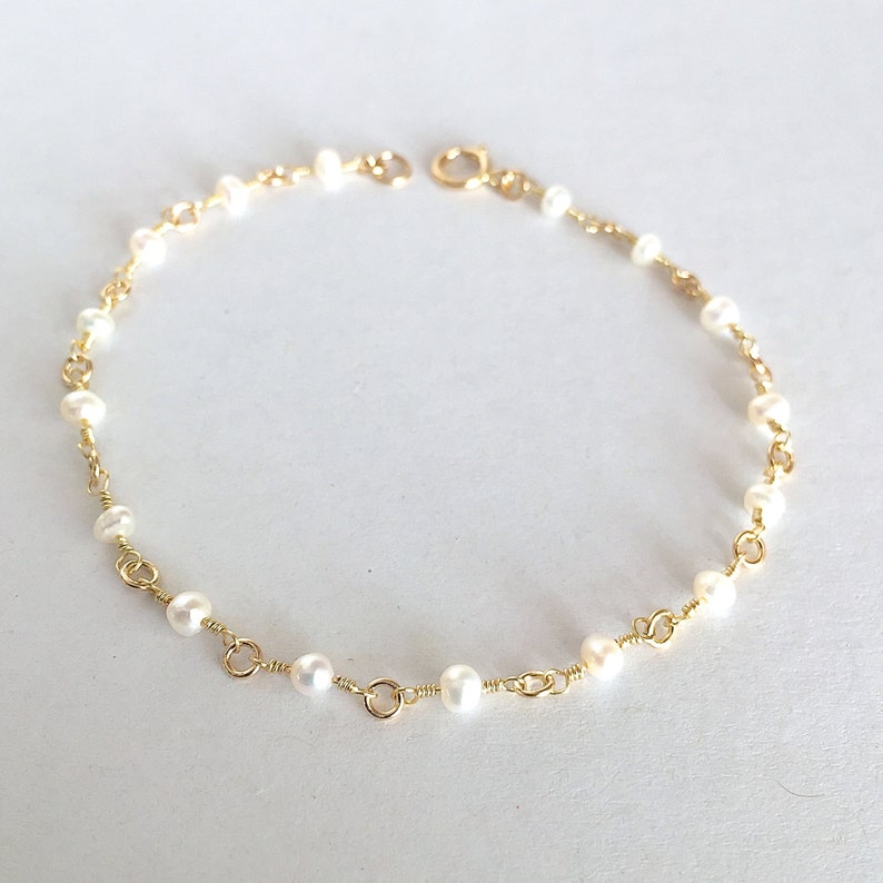 Bridesmaid Freshwater Pearl Bracelet, Tiny Pearl Bracelet,Gold Filled, Brides Bracelet, Minimalist Bracelet,Delicate Bracelet,Child Bracelet image 3