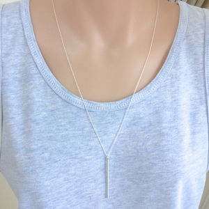 Long Bar Necklace, Sterling Silver Bar, Dainty Bar Necklace, Lariat Bar Necklace, Long Pendant, Silver Pendant, Bar Neklace, Delicate Chain image 1