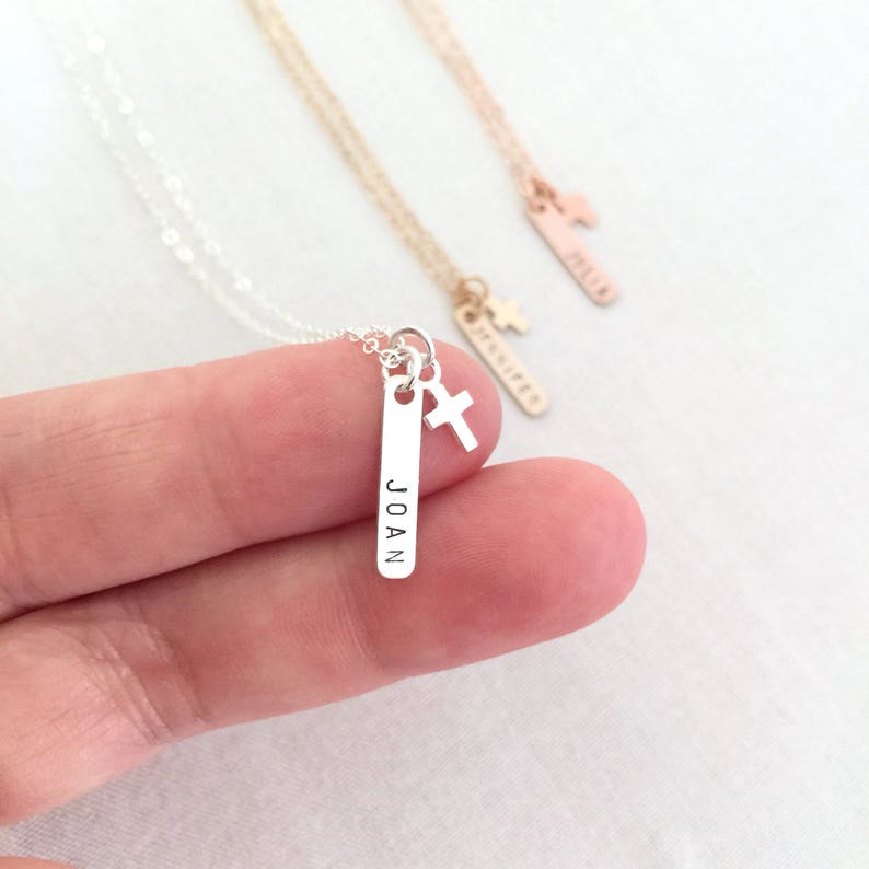 Confirmation Gift Rose Gold Gold Cross Custom Mini Bar Necklace Cross Necklace Gift from Godmother Baptism Necklace Christening Gift