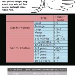 May include: A chart with instructions on how to measure your wrist for a bracelet. The chart includes wrist sizes for women and children, with corresponding lengths in inches. It also includes information on fitting styles and extra allowance for movement.