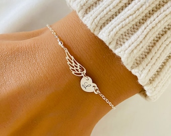 Personalized Angel Wing Bracelet, Heart Bracelet, Initial Heart, Memorable Bracelet, Mother's Bracelet, Gold Wing, Silver Wing, Infant Loss