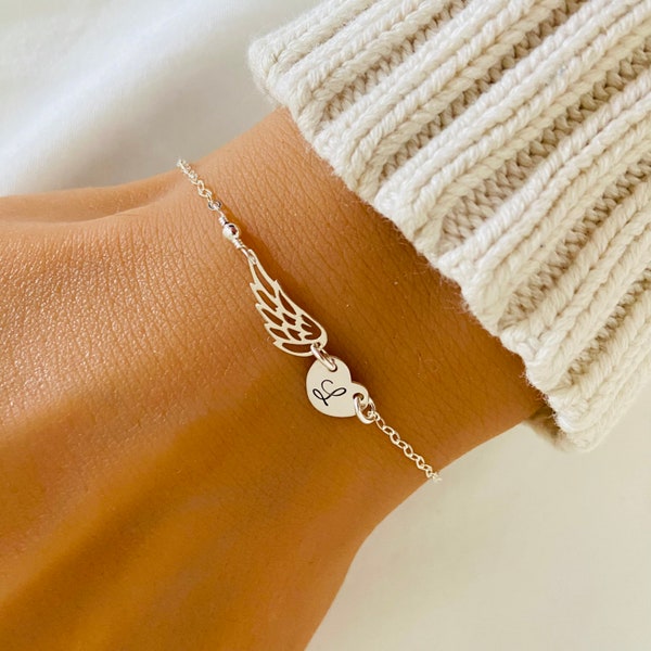 Personalized Angel Wing Bracelet, Heart Bracelet, Initial Heart, Memorable Bracelet, Mother's Bracelet, Gold Wing, Silver Wing, Infant Loss