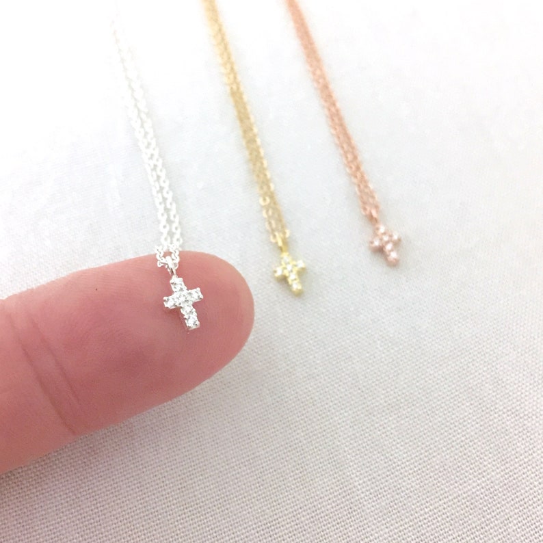 Tiny Rose Gold Cross CZ Necklace, Christening Gift, First Communion Necklace, Baptism Jewelry, Catholic Necklace, Rose Gold Cross, Dainty image 3