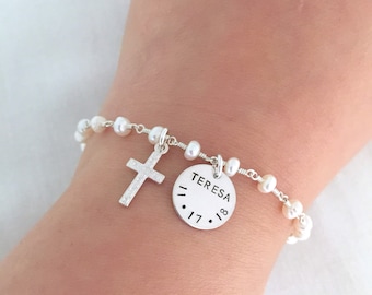 First Communion Bracelet, Baby Baptism Gift, Cross Jewelry, Christening Gift, Freshwater Pearl, Catholic Jewelry, Crucifix Bracelet