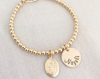 Personalized Virgin Mary Bracelet, Gold Name Bracelet, Beaded Bracelet, Baby Bracelet, Catholic Bracelet, First Communion, Baptism Gift