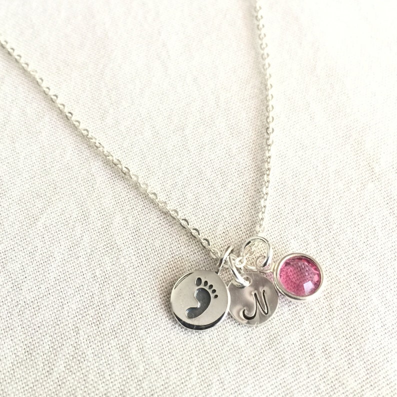 Dainty Necklace Silver Disc New Mom Child Necklace Initial Necklace Mothers Day Mother/'s Necklace Foot Print Necklace Personalised