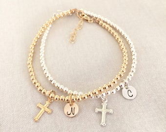 Baby Girl or Baby Boy Baptism Bracelet, Cross Initial Bracelet, Goddaughter Jewelry, Christening Gift, First Communion, Gift from Godmother